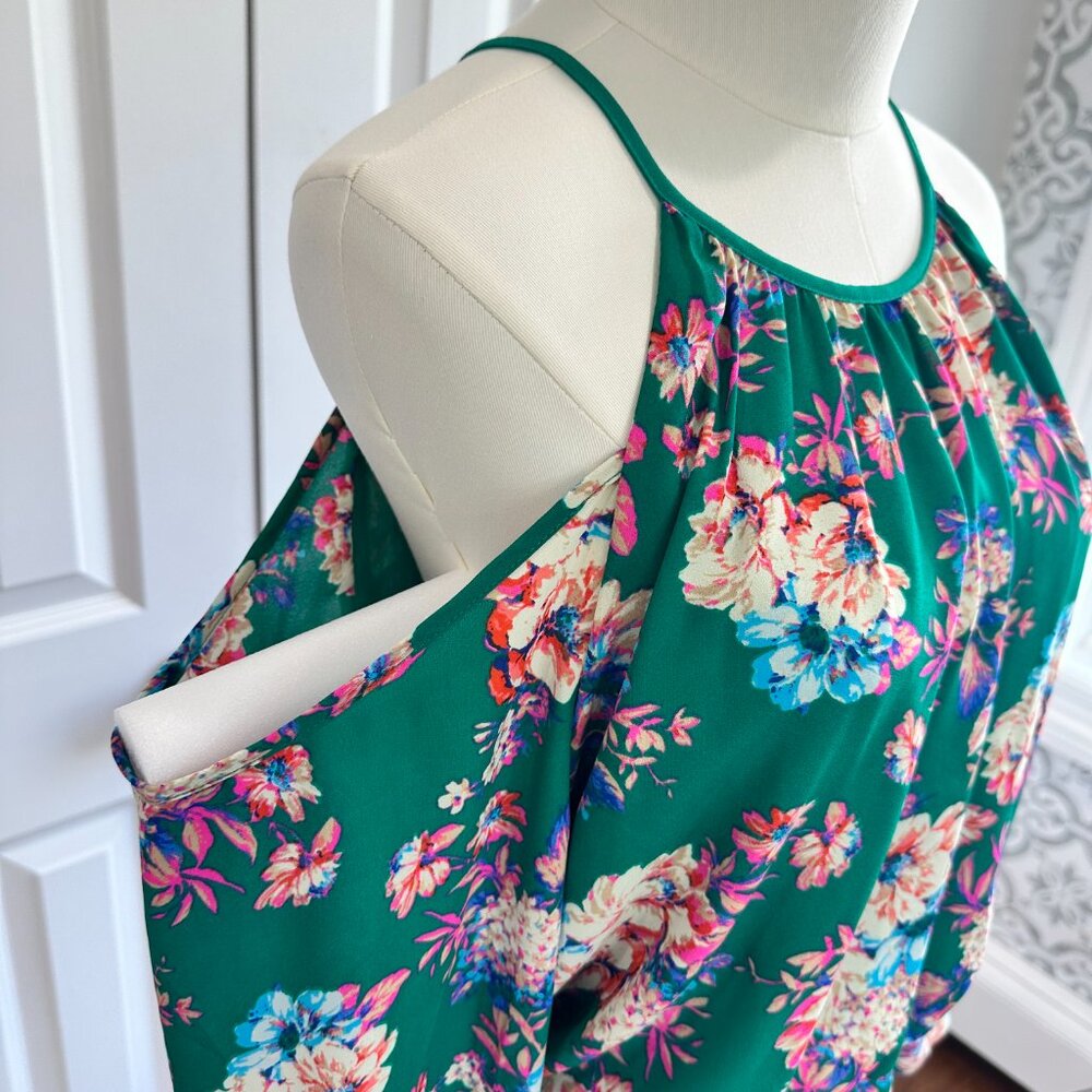 Charles Henry Cold Shoulder Floral Green Mini Dress Elastic Waist Summer Size M - Picture 4 of 11